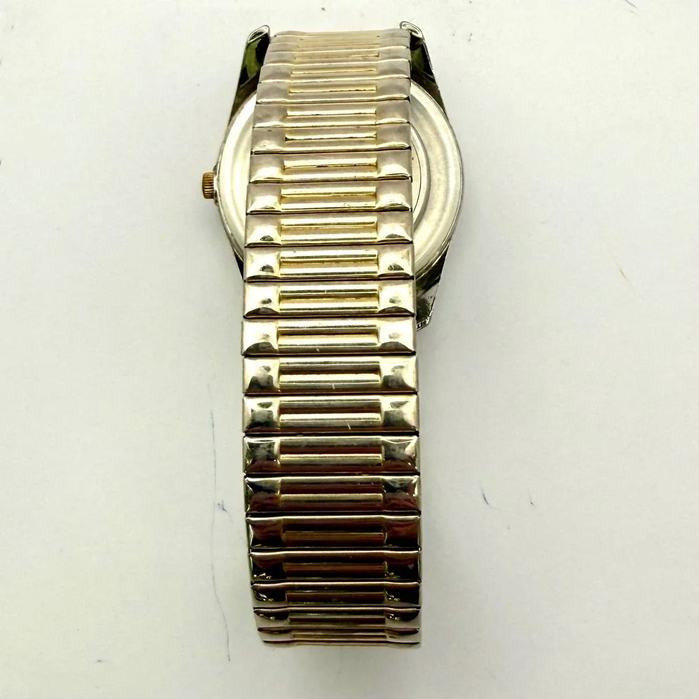 Timex Indiglo Day Date Quartz Watch Two Tone Fluted Bezel Stretch Band‎ Working